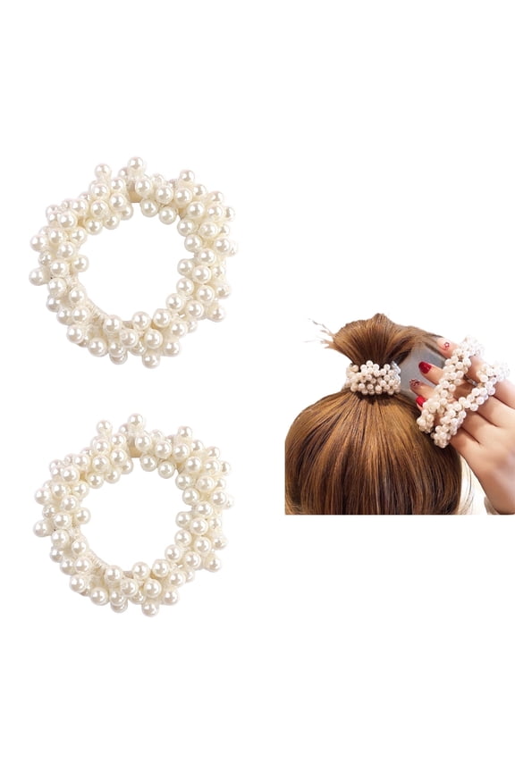 Pearl Hair Scrunchies, Elastic Hair Ties, Beaded Ponytail Holders for Women, Cream White, 2 Pack