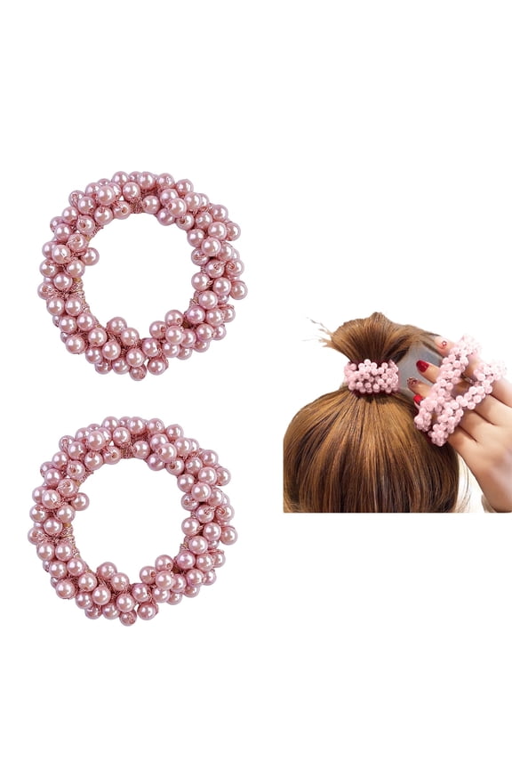 Pearl Hair Scrunchies, Elastic Hair Ties, Beaded Ponytail Holders for Women, Pink, 2 Pack