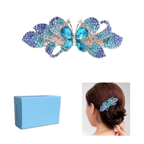 Xiangwenlan A crystal hairpin with box, Elegant Crystal Hair Barrette, Blue and Silver Rhinestone Flower Design, Large Metal Hair Clip for Women and girls.