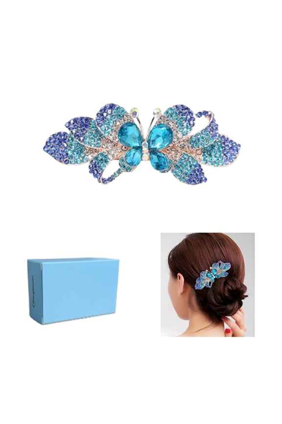A crystal hairpin with box, Elegant Crystal Hair Barrette, Blue and Silver Rhinestone Flower Design, Large Metal Hair Clip for Women and girls.