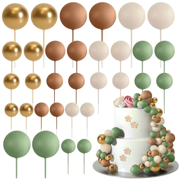 Xiao Hang 32pcs Sage Green Brown Cake Topper Gold Foam Balls DIY Insert Cake Decoration for Baby Shower Birthday Party Cake Decorationion