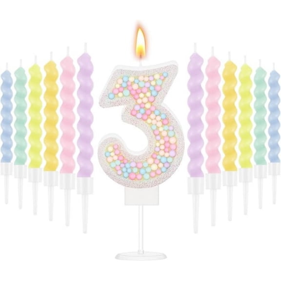 Xiao Hang Number Birthday Candle Macaron Pastel Glitter 3D Number Candle with 12 Pcs Rainbow Spiral Candles in Holders for Girl Boy Cake