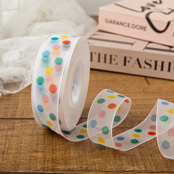 Xiao Hua 0.98 inches x 25 yards long, rainbow dot printed transparent ribbon, suitable for baking desserts, birthday gift packaging ribbons, party background DIY home decoration -1 piece