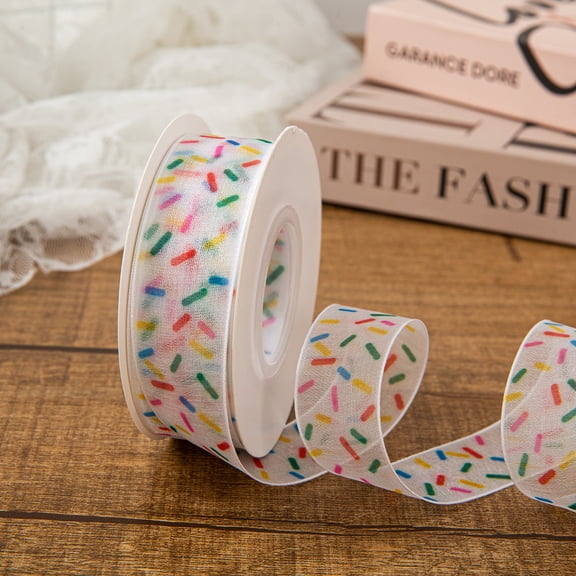Xiao Hua 0.98 inches x 25 yards long, rainbow striped printed transparent ribbon, suitable as a baking dessert, birthday gift packaging ribbon, party background DIY home decoration -1 piece