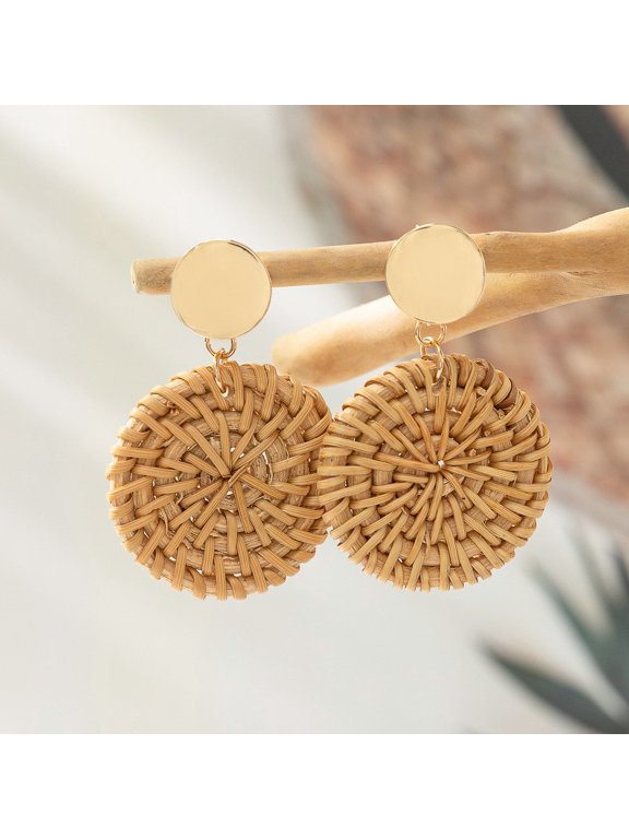 1 Pair Of Grass Woven Earrings, Natural Fiber Geometric Woven Summer Beach Earrings, Rural Tropical Style Beach Travel And Daily Decoration Earrings, Style 10