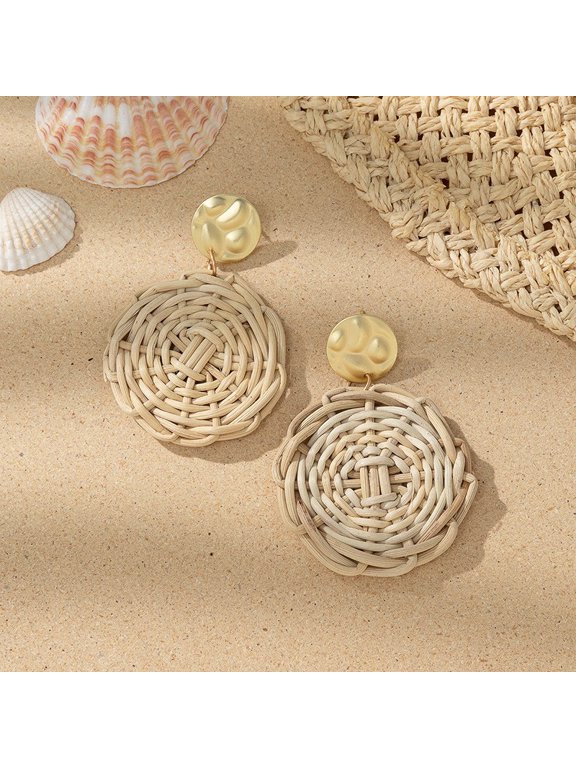 1 Pair Of Grass Woven Earrings, Natural Fiber Geometric Woven Summer Beach Earrings, Rural Tropical Style Beach Travel And Daily Decoration Earrings, Style 9