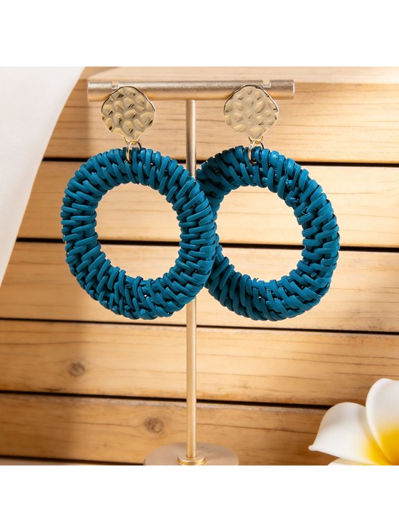 1 Pair Of Grass Woven Earrings, Natural Fiber Geometric Woven Summer Beach Earrings, Rural Tropical Style Beach Travel And Daily Decoration Earrings, Style 12