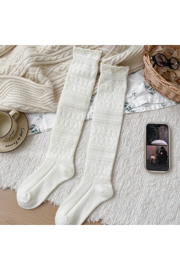 1 pair of white hollow knitted calf socks, women's knitted winter boot socks, cold weather warm socks, suitable for fashionable calf socks with skirts and boots, all in one size