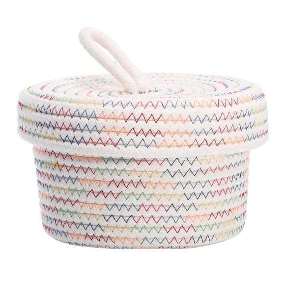 Xiao Hua 1 round cotton rope woven storage basket with lid, decorative woven storage box, flower pot, shelf, organizing box, snack, towel, plant storage container, 9.06 x 5.51 inches, color