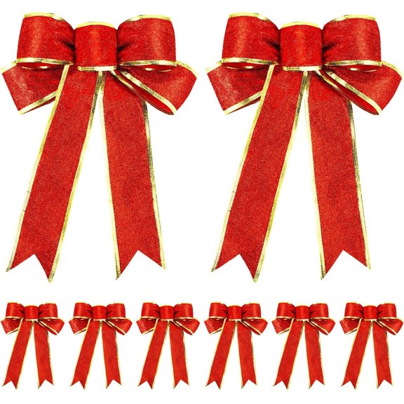 Xiao Hua 10 Pieces Glitter Christmas Tree Bow Ribbon Bows Christmas Tree Hanging Ornaments for Holiday Christmas Decorations