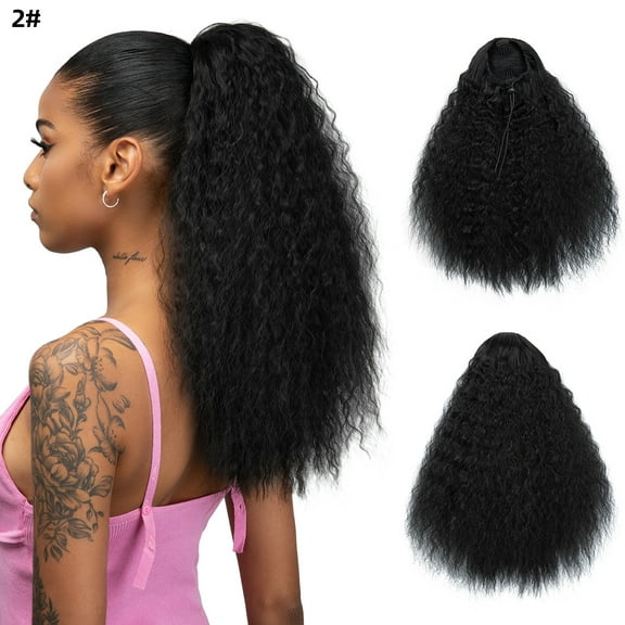Xiao Hua 16inch Long Corn Curly Wave Drawstring Ponytail Synthetic High Puff Hair Pieces With Comb Black Wavy Clip in Extensions Natural Black