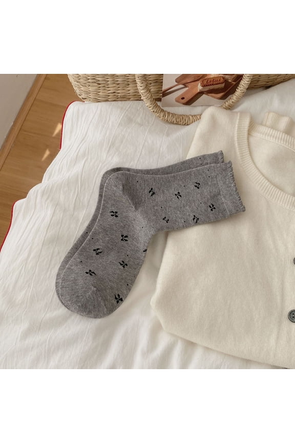 2 pairs of gray countryside style socks, retro printed bow socks, women's fashionable and cute daily round neck socks, one size fits all,