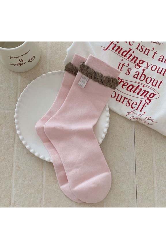 2 pairs of pink bubble edge decorative warm cotton socks, Japanese lace mid tube socks, suitable for daily casual wear, one size fits all