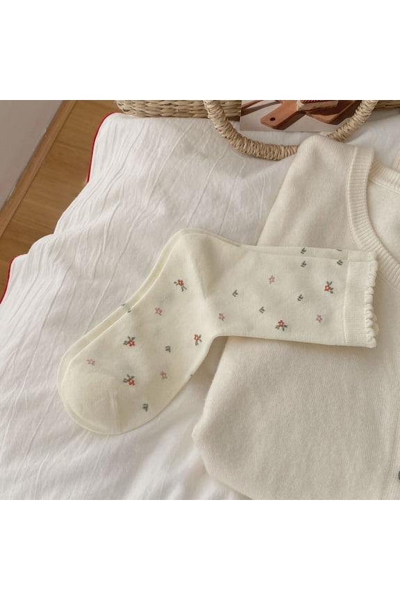 2 pairs of white countryside style socks, retro printed bow socks, women's fashionable and cute daily round neck socks, one size fits all, colorful flower pattern