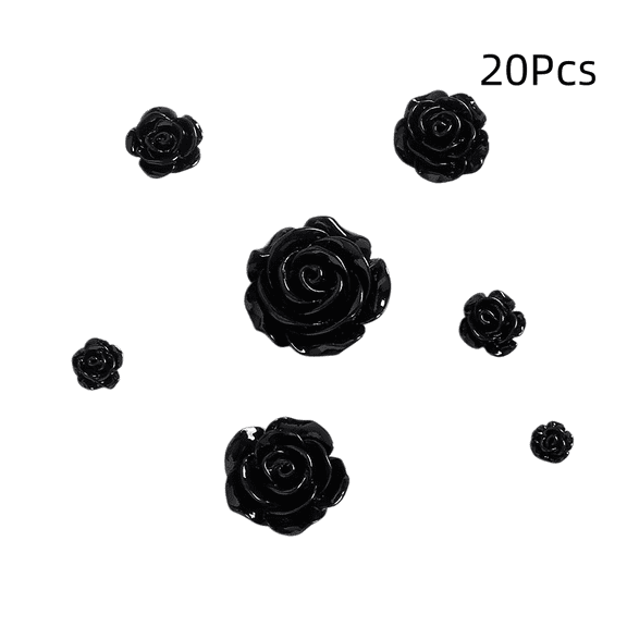 Xiao Hua 20 pieces of Black simulated resin camellia flowers, diameter 0.31 inches, 3D flat bottom resin flower decoration, DIY hair accessories, nail art, phone case decorations