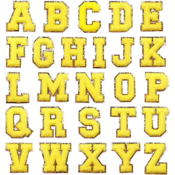 Xiao Hua 26 Pcs A-Z Iron On Letters Sew On Towel Embroidered Patches, Alphabet Adhesive Repair Patches for Clothing Decorative Letter with Gold Border DIY Clothes Sticker Patch, Yellow
