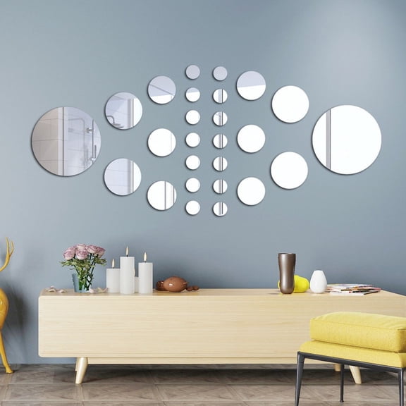 Xiao Hua 26 pieces of removable 3D mirror wall stickers, circular stickers, art murals, home room DIY decoration (silver)