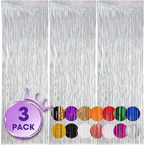 Xiao Hua 3 Pack 3.3x6.6 Feet Laser Silver Foil Fringe Backdrop Curtains, Tinsel Streamers Birthday Party Decorations, Fringe Backdrop for Graduation, Baby Shower, Gender Reveal, Disco Party