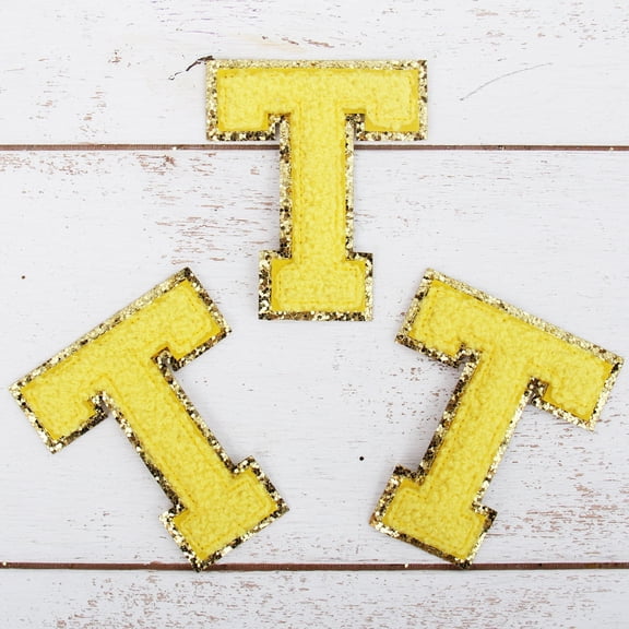 Xiao Hua 3-Piece Plush Sparkling Letter "T" Ironing Patch - Yellow Chenille Fabric, Gold Sparkling Edging - Stitchable and Ironable - Height 3.15 inches