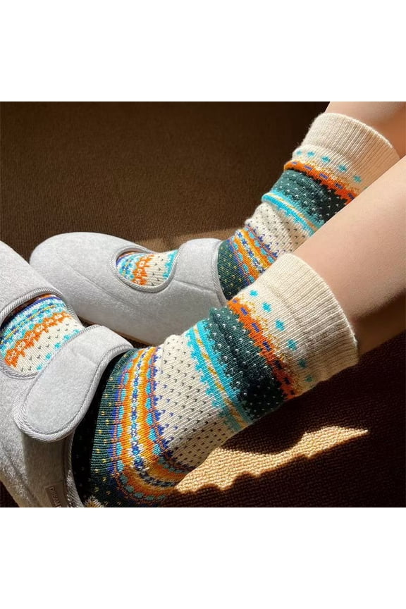 3 pairs of beige round neck socks, women's wool cotton blend warm winter socks, thick retro comfortable home cold weather hiking socks, one size fits all