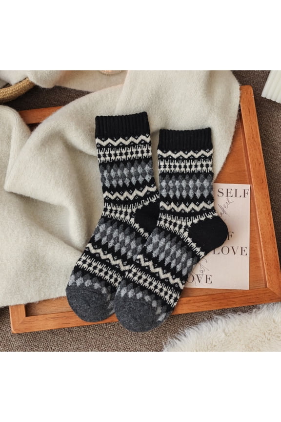 3 pairs of black diamond grid retro knitted socks, color blocked pure cotton socks, warm casual round neck socks, comfortable socks for daily use in cold weather, one size fits all