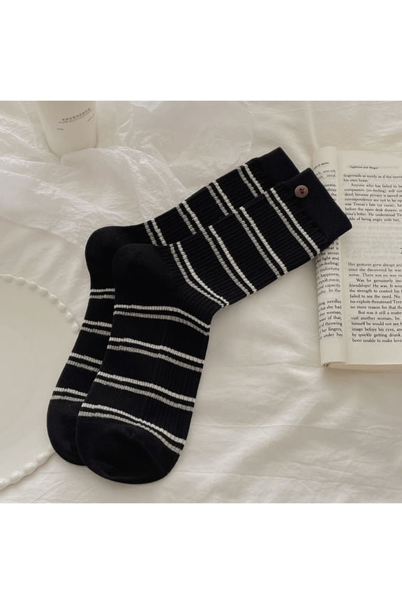 3 pairs of black knitted socks, button decorated pure cotton socks, warm and casual round neck socks, comfortable socks for daily use in cold weather, one size fits all