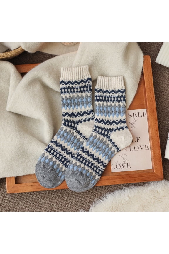 3 pairs of blue diamond grid retro knitted socks, color blocked pure cotton socks, warm casual round neck socks, comfortable socks for daily use in cold weather, one size fits all