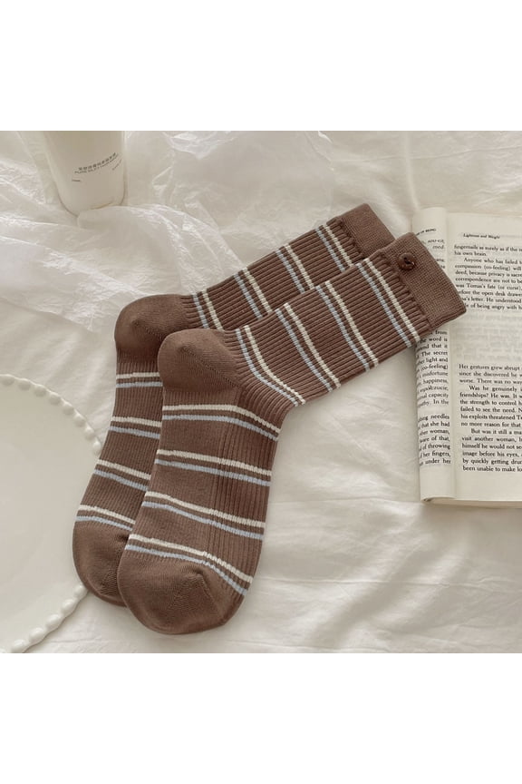 3 pairs of brown knitted socks, button decorated pure cotton socks, warm and casual round neck socks, comfortable socks for daily use in cold weather, one size fits all