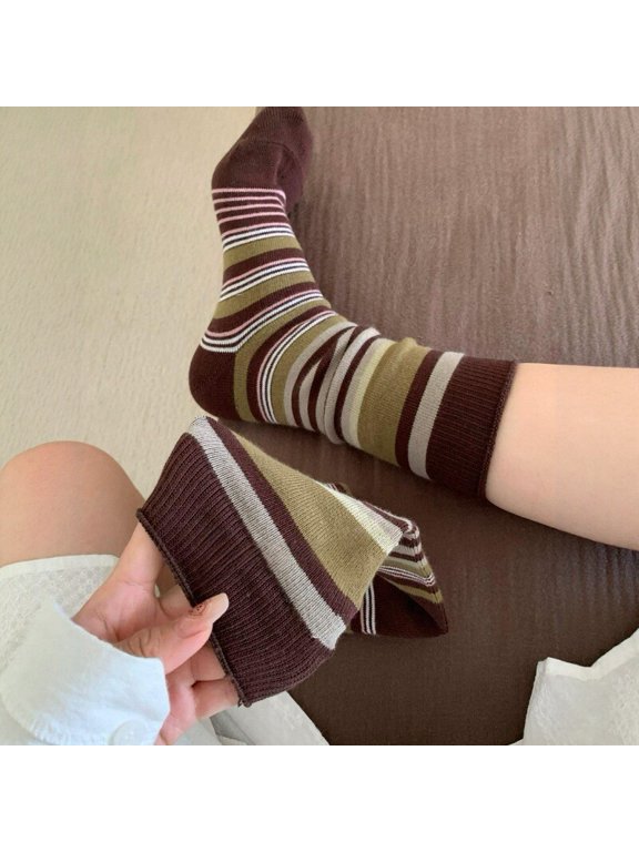 3 pairs of brown knitted striped pattern mid length socks, retro warm casual socks, soft, lightweight and breathable daily socks with a simple style, all in one size
