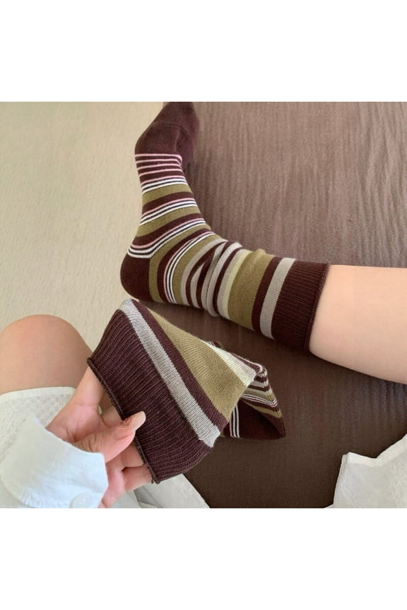 3 pairs of brown knitted striped pattern mid length socks, retro warm casual socks, soft, lightweight and breathable daily socks with a simple style, all in one size