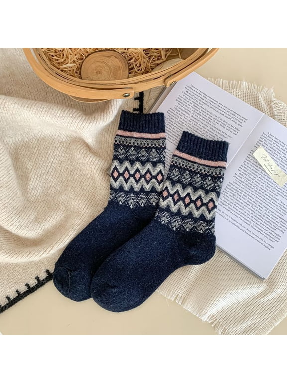 3 pairs of dark blue knitted ribbed mid length socks, retro color blocked warm casual socks, soft, lightweight, breathable daily socks with a simple style, all in one size