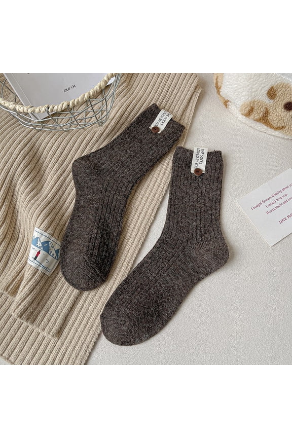 3 pairs of dark brown double needle round neck socks, button decorated retro cotton socks, breathable knitted casual warm versatile mid length socks, all sizes available
