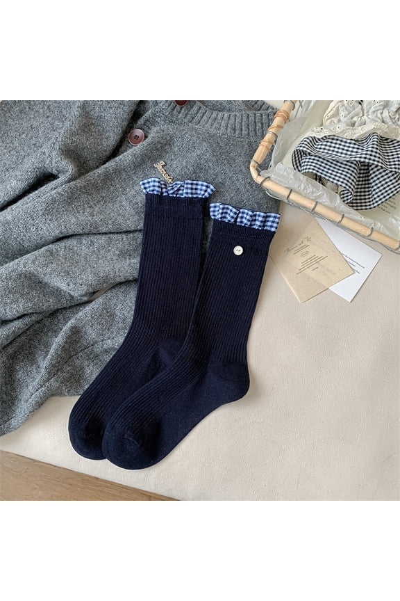 3 pairs of deep blue checkered lace button decoration round neck socks, moisture absorbing elastic cotton socks, suitable for daily casual wear socks, one size fits all