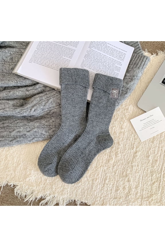 3 pairs of grey bow embroidery pattern round neck socks, moisture absorbing elastic cotton socks, suitable for gym and daily casual wear, one size fits all