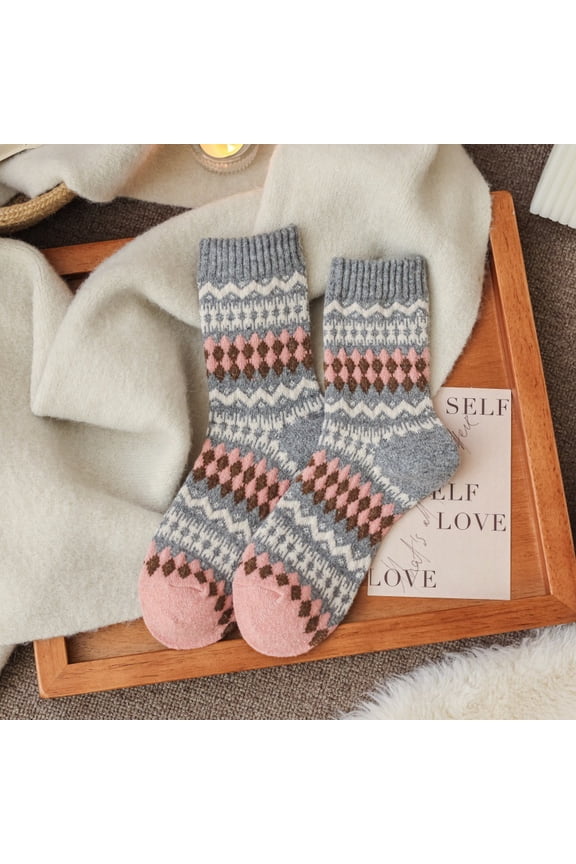 3 pairs of grey diamond grid retro knitted socks, color blocked pure cotton socks, warm casual round neck socks, comfortable socks for daily use in cold weather, one size fits all