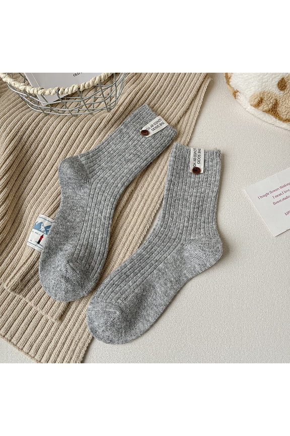 3 pairs of grey double needle round neck socks, button decorated retro cotton socks, breathable knitted casual warm versatile mid length socks, all sizes available