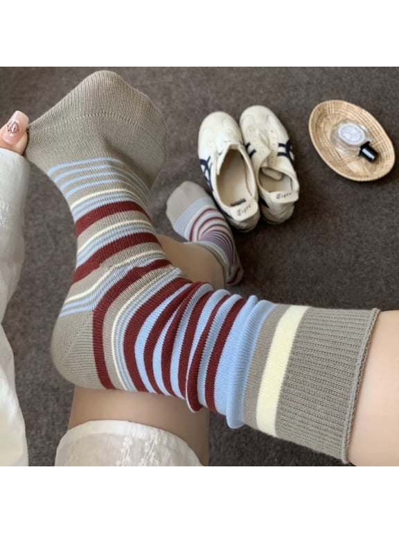 3 pairs of grey knitted striped pattern mid length socks, retro warm casual socks, soft, lightweight and breathable daily socks with a simple style, all in one size