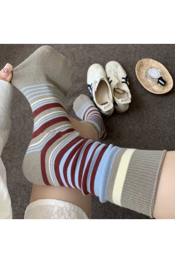 3 pairs of grey knitted striped pattern mid length socks, retro warm casual socks, soft, lightweight and breathable daily socks with a simple style, all in one size