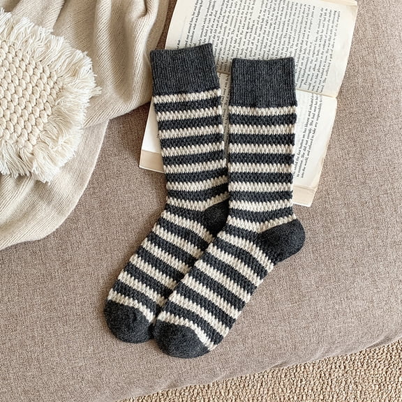 Xiao Hua 3 pairs of grey striped knitted mid tube socks, retro warm casual socks, soft, lightweight, breathable daily socks with a simple style, one size fits all