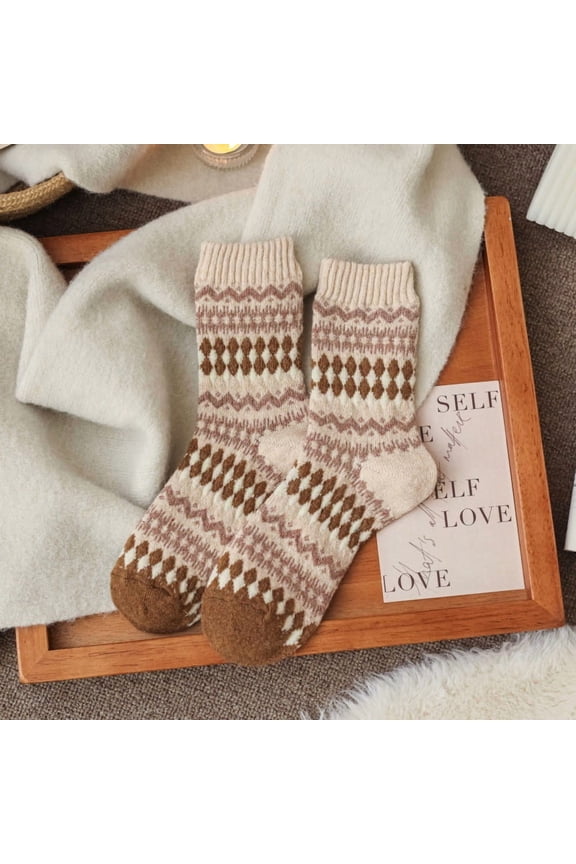 3 pairs of khaki diamond grid retro knitted socks, color blocked pure cotton socks, warm casual round neck socks, comfortable socks for daily use in cold weather, one size fits all