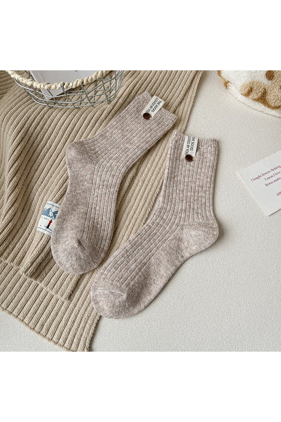 3 pairs of khaki double needle round neck socks, button decorated retro cotton socks, breathable knitted casual warm versatile mid length socks, all sizes available