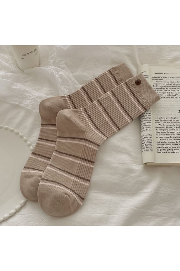 3 pairs of khaki knitted socks, button decorated pure cotton socks, warm and casual round neck socks, comfortable socks for daily use in cold weather, one size fits all