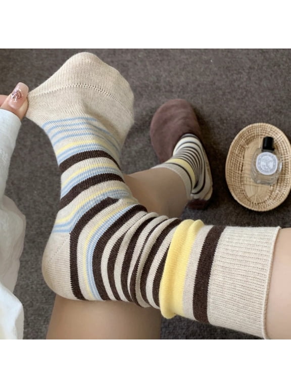 3 pairs of khaki knitted striped pattern mid length socks, retro warm casual socks, soft, lightweight and breathable daily socks with a simple style, all in one size