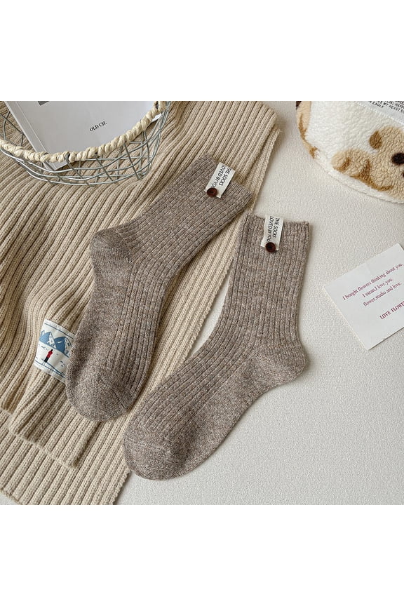 3 pairs of light brown double needle round neck socks, button decorated retro cotton socks, breathable knitted casual warm versatile mid length socks, all sizes available