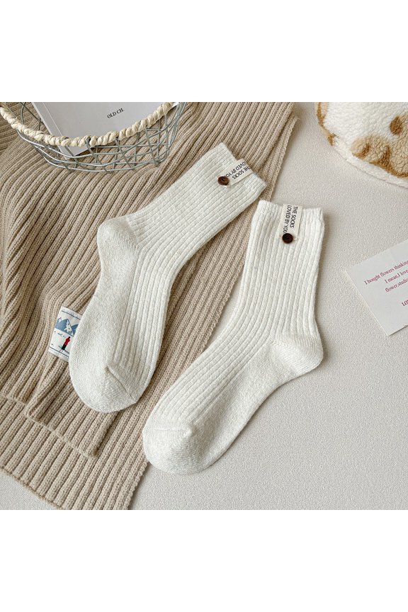 3 pairs of white double needle round neck socks, button decorated retro cotton socks, breathable knitted casual warm versatile mid length socks, all sizes available