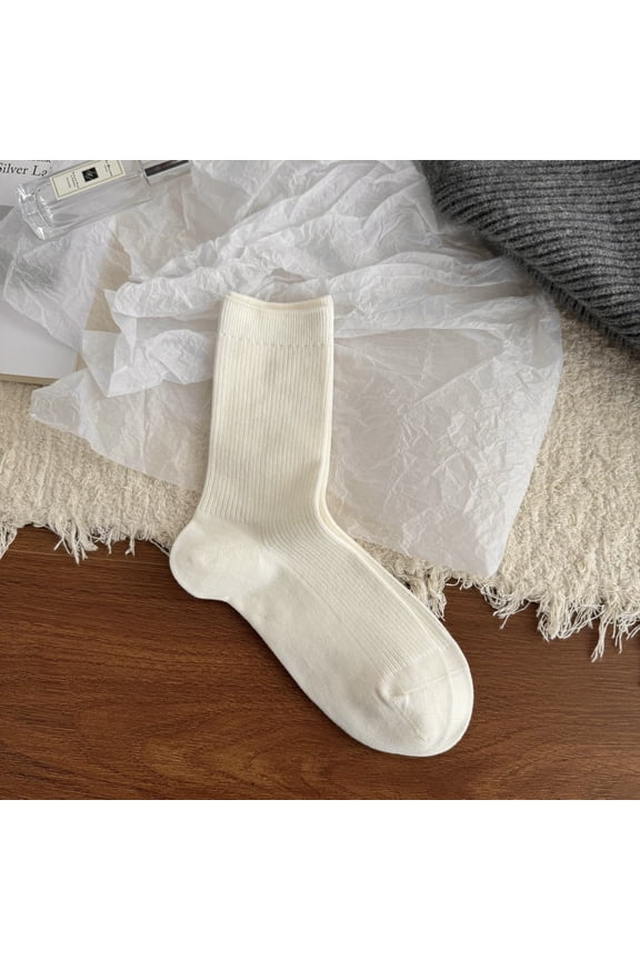 3 pairs of off white fine striped knitted casual round neck socks, solid color retro socks, moisture absorbing elastic cotton socks, suitable for gym and daily wear, one size fits all