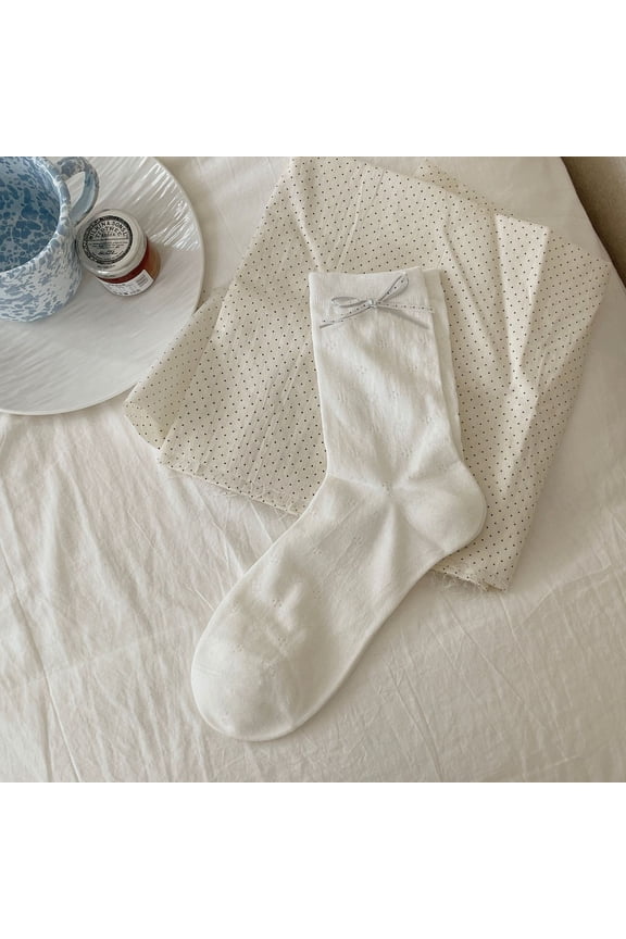 3 pairs of white hollow knitted mid tube socks, cute butterfly knot decoration casual socks, soft, lightweight and breathable daily socks with a simple style, all in one size