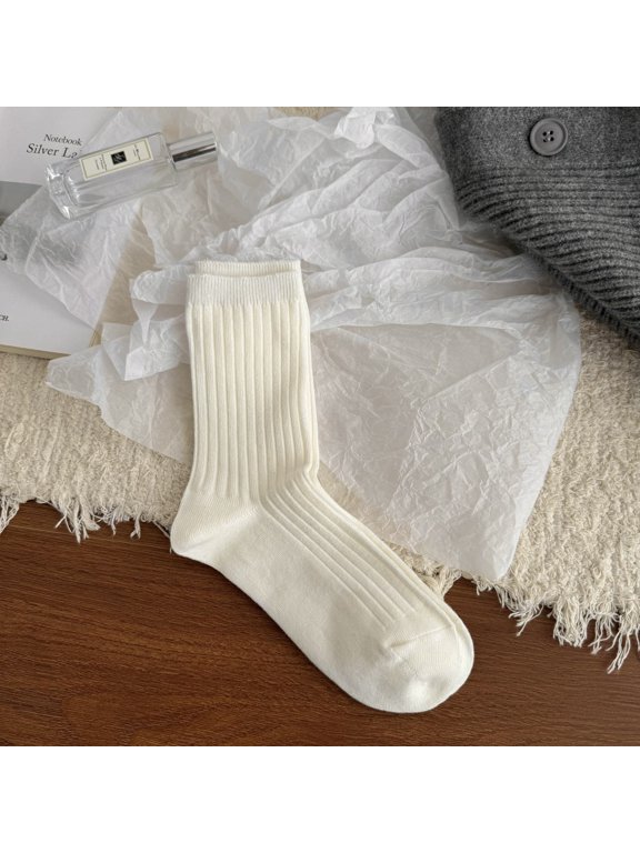 3 pairs of off white thick striped knitted casual round neck socks, solid color retro socks, moisture absorbing elastic cotton socks, suitable for gym and daily wear, one size fits all