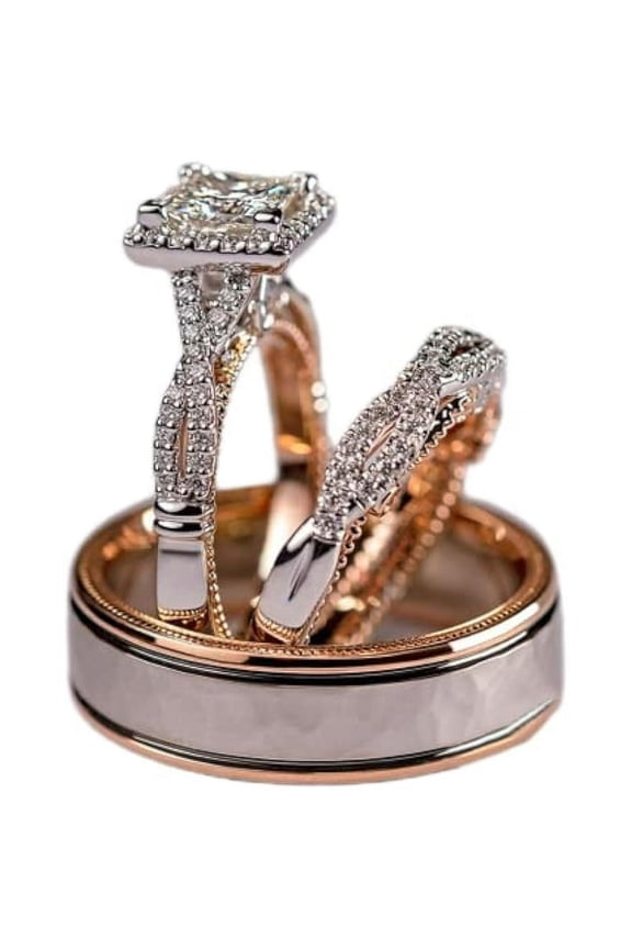 3-piece couple engagement ring set, rose gold