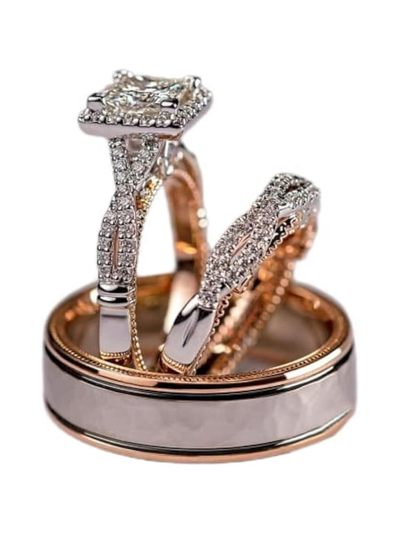 3-piece couple engagement ring set, rose gold